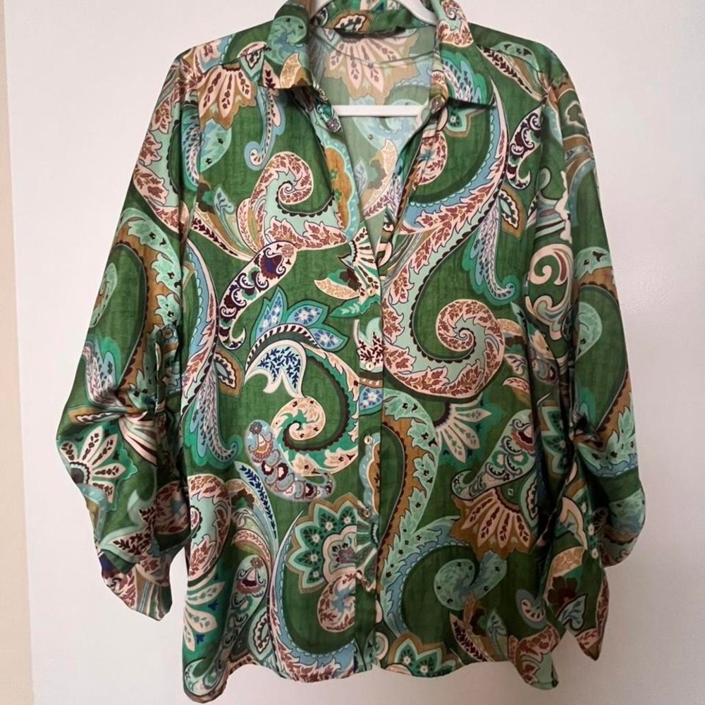 Green paisley oversized blouse European summer Zara style shirt